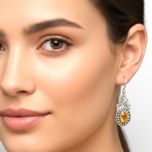 925 Sterling Silver Amber Dangle Earrings Vintage Filigree Boho Drop